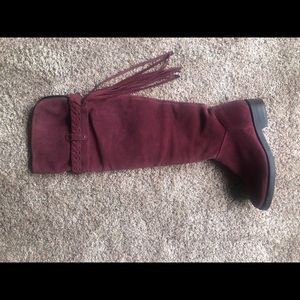 New Burgundy Suede Knee Fringed and Braided Boots